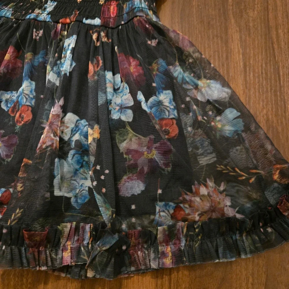 Next Kids‎ Black Floral Mesh Smocked Dress Short Sleeve Ruffle Hem 2-3 Years